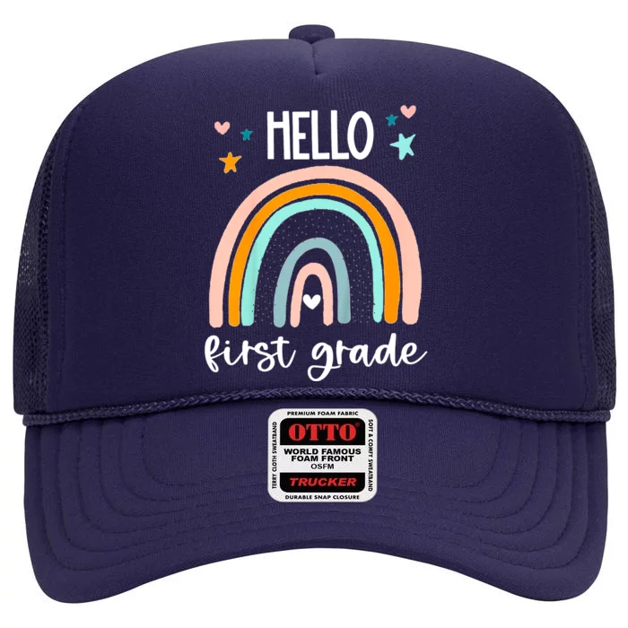 Hello First Grade Retro Rainbow High Crown Mesh Trucker Hat