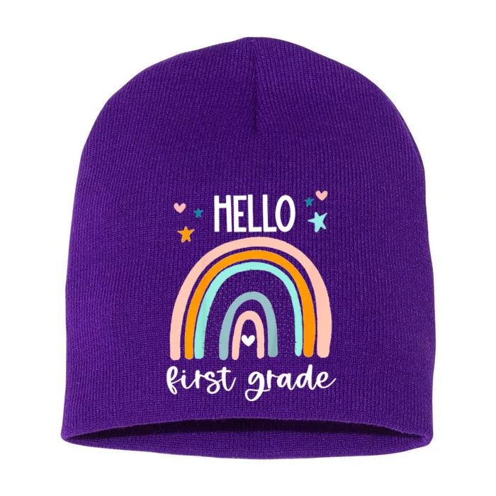 Hello First Grade Retro Rainbow Short Acrylic Beanie