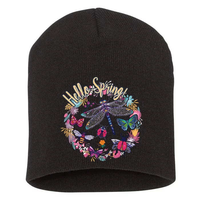 Hello Spring Floral Bugs Short Acrylic Beanie