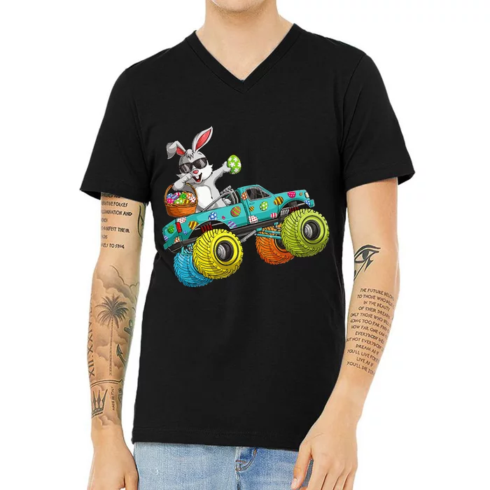 Happy Easter Monster Truck Dabbing Bunny V-Neck T-Shirt