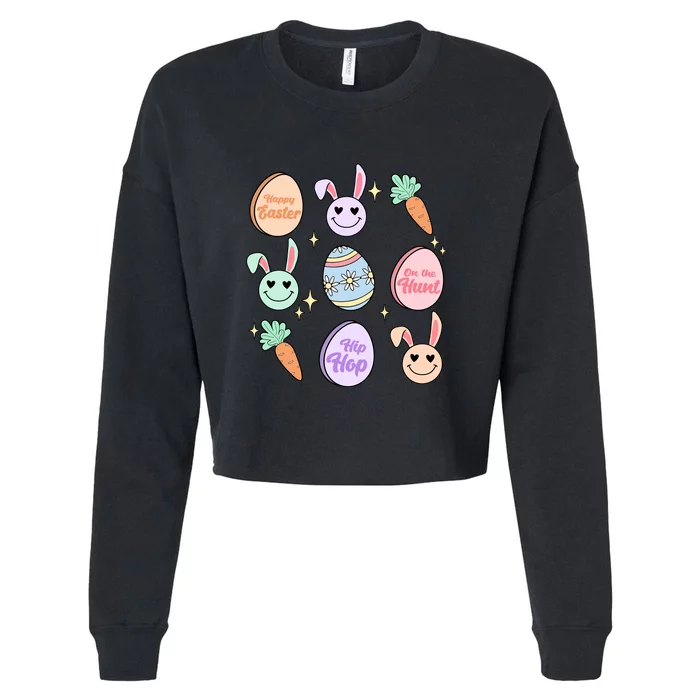 Happy Easter On The Hunt Funny Ears Bunny Retro Easter Day Cropped Pullover Crew