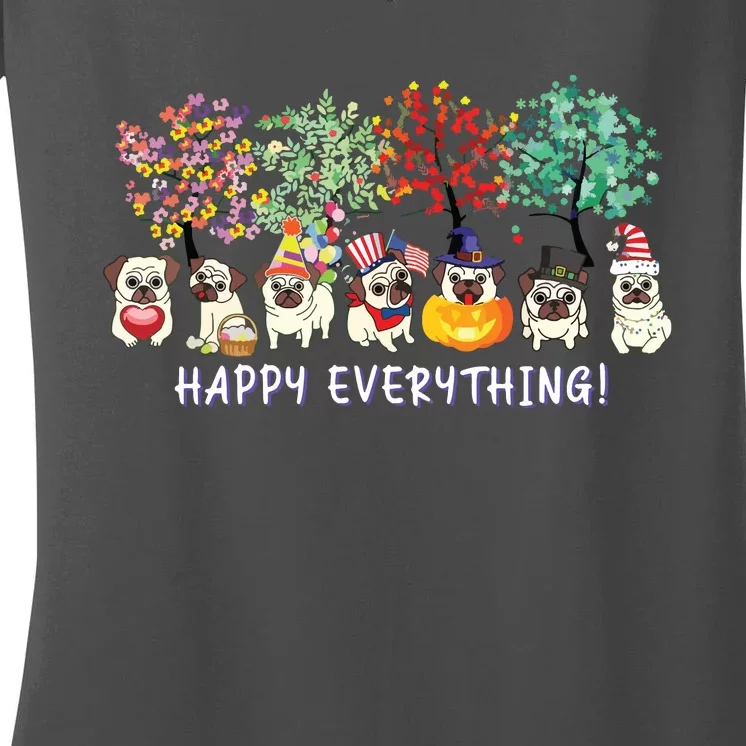 Happy Everything Pug Dog Seasons All Year Tree Lover Pug Women's V-Neck T-Shirt