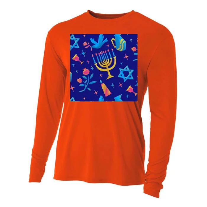 Hanukkah Elements Pattern Cooling Performance Long Sleeve Crew