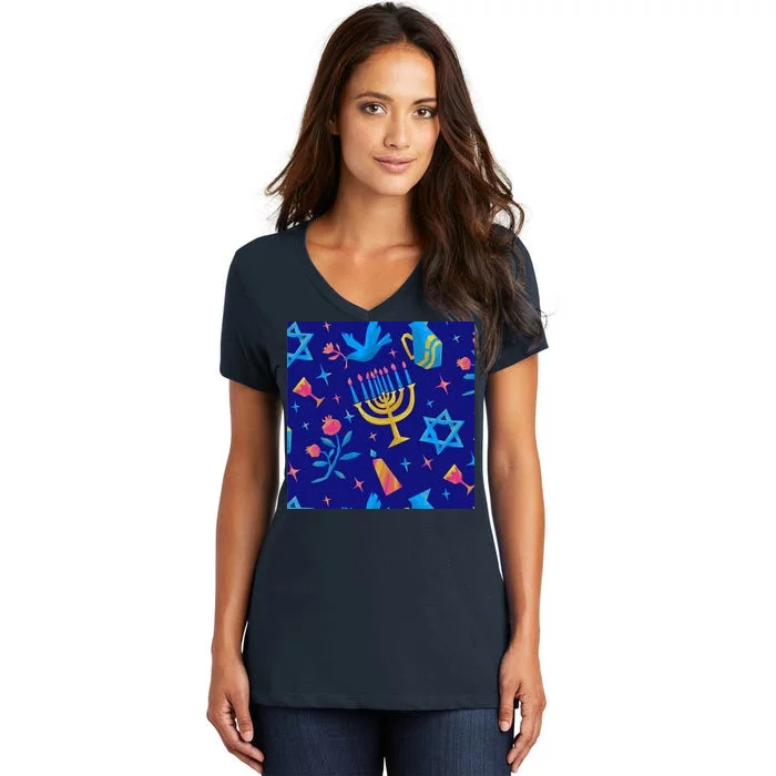 Hanukkah Elements Pattern Women's V-Neck T-Shirt