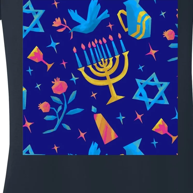 Hanukkah Elements Pattern Women's V-Neck T-Shirt