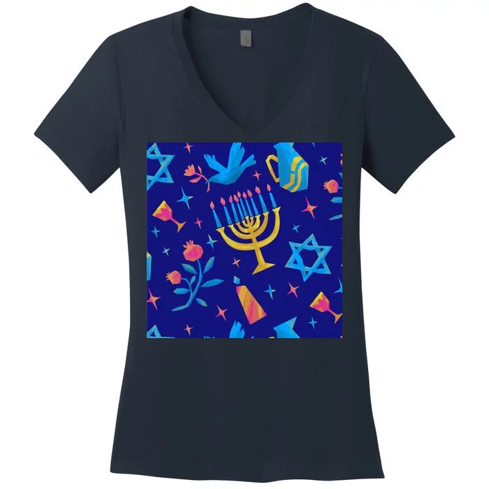 Hanukkah Elements Pattern Women's V-Neck T-Shirt