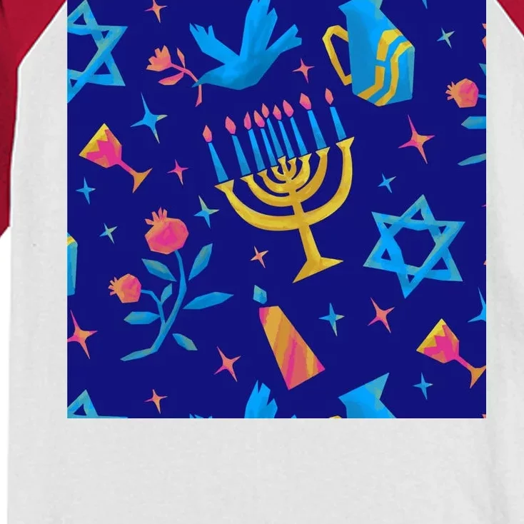 Hanukkah Elements Pattern Kids Colorblock Raglan Jersey