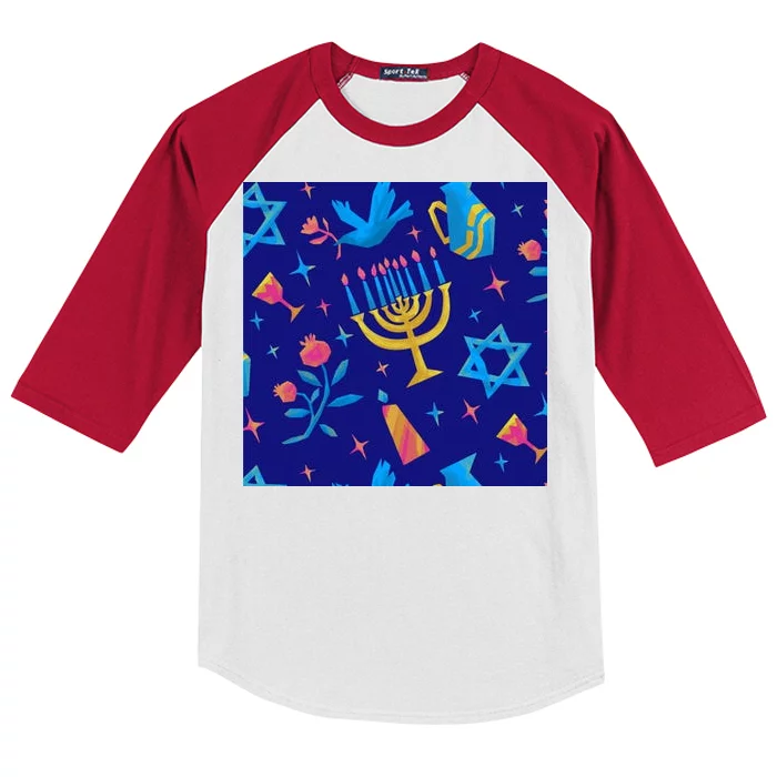 Hanukkah Elements Pattern Kids Colorblock Raglan Jersey