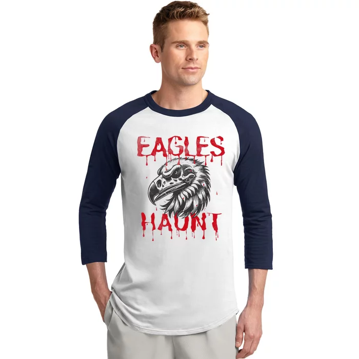 Halloween Eagle Pride Haunt Mascot School Spirit Skull Retro Baseball Sleeve Shirt