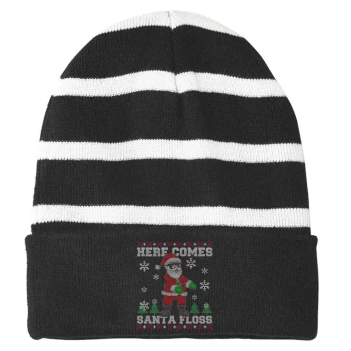 Here Comes Santa Floss Cool Ugly Christmas Striped Beanie with Solid Band