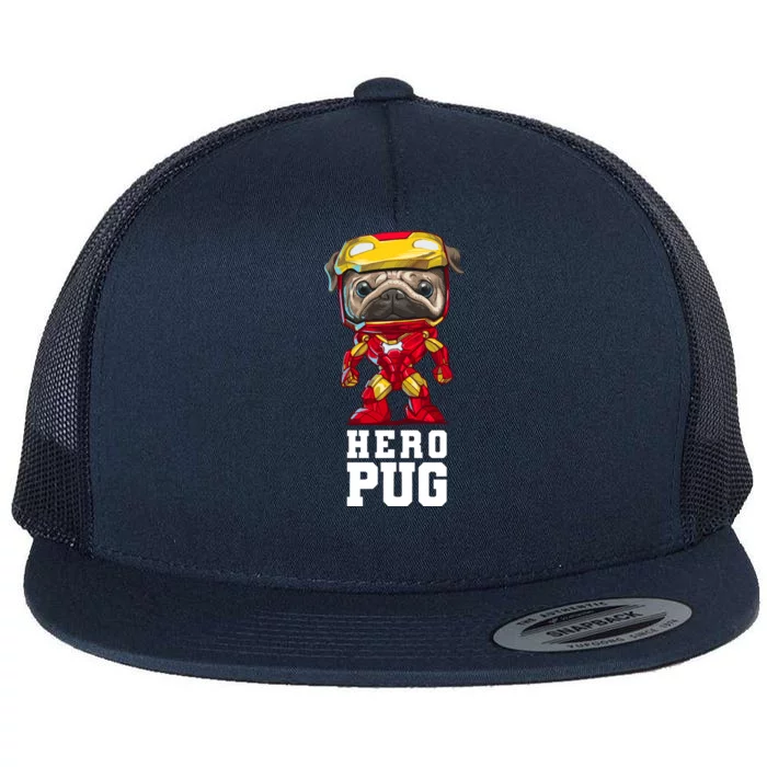 Hero Iron Pug Funny Spoof Flat Bill Trucker Hat