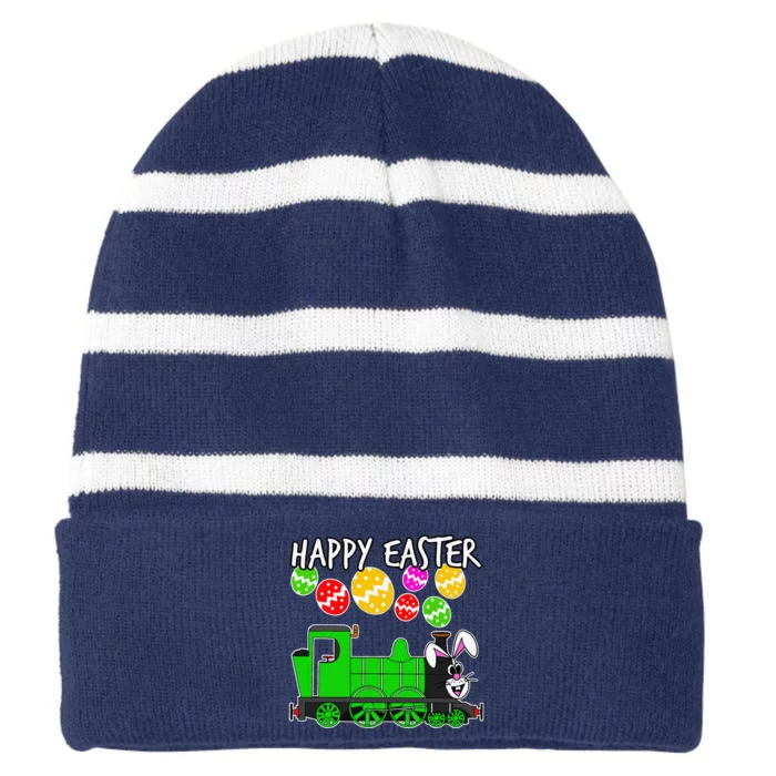 Happy Easter Steam Train Engine Bunny Chocolate Eggs Striped Beanie with Solid Band