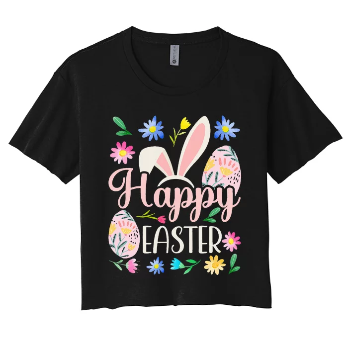 Happy Easter Sayings Egg Bunny Women's Crop Top Tee