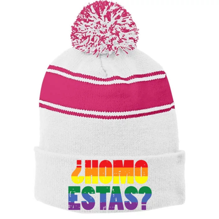 Homo Estas Spanish Mexican Funny Pride Ally Month Stripe Pom Pom Beanie