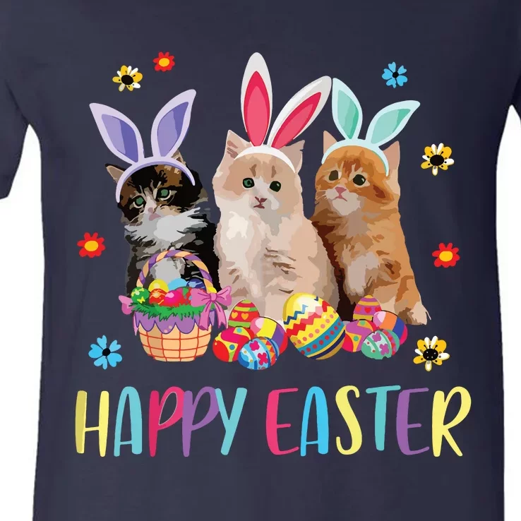 Happy Easter Three Cat Wearing Bunny Ear Kitty Kitten Lover V-Neck T-Shirt