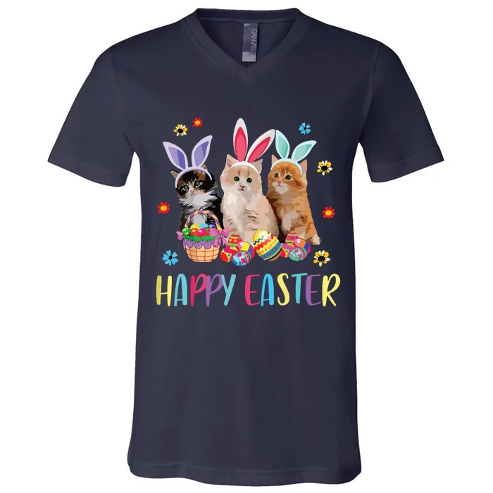 Happy Easter Three Cat Wearing Bunny Ear Kitty Kitten Lover V-Neck T-Shirt