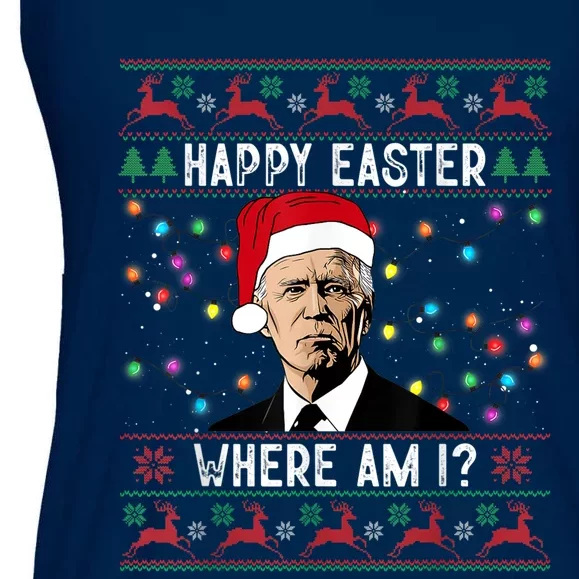 Happy Easter Where Am I Funny Joe Biden Santa Ugly Christmas Ladies Essential Flowy Tank