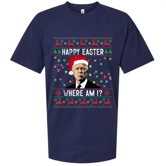 Happy Easter Where Am I Funny Joe Biden Santa Ugly Christmas Sueded Cloud Jersey T-Shirt