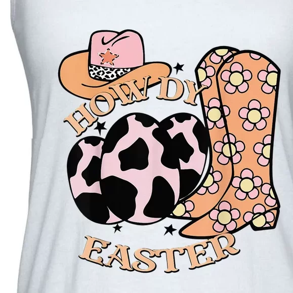 Howdy Easter Western Cow Boots Easter Egg Cowhide Ladies Essential Flowy Tank