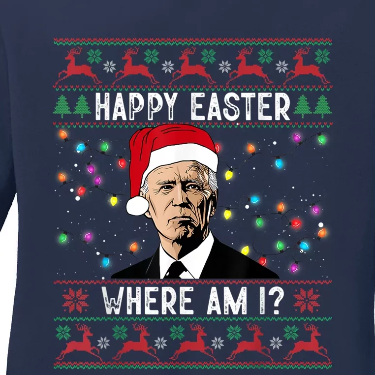 Happy Easter Where Am I Funny Joe Biden Santa Ugly Christmas Ladies Long Sleeve Shirt