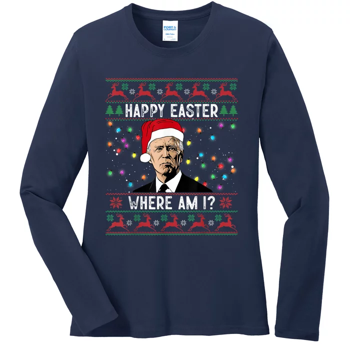 Happy Easter Where Am I Funny Joe Biden Santa Ugly Christmas Ladies Long Sleeve Shirt