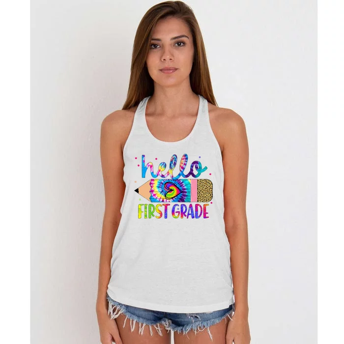 Hello First 1st Grade Back To School Teachers Women's Knotted Racerback Tank