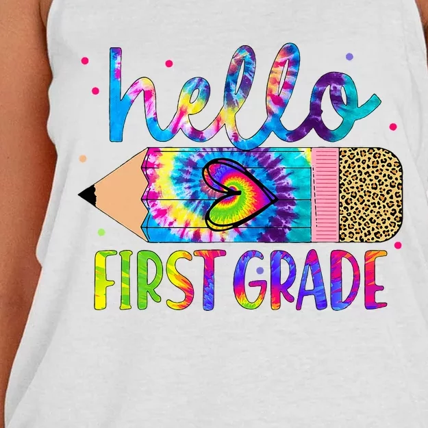 Hello First 1st Grade Back To School Teachers Women's Knotted Racerback Tank