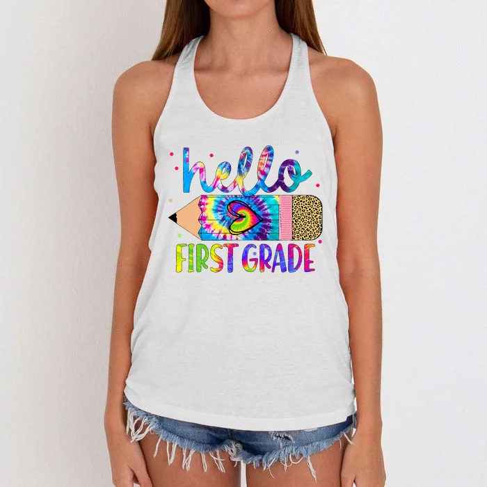 Hello First 1st Grade Back To School Teachers Women's Knotted Racerback Tank