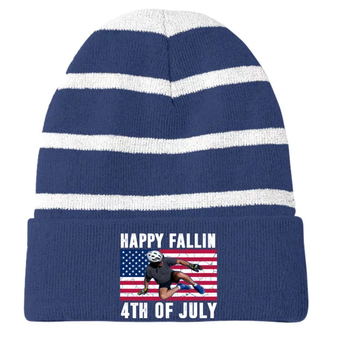 Happy Fallen 4th Of July Funny Joe Biden Bicycle Striped Beanie with Solid Band