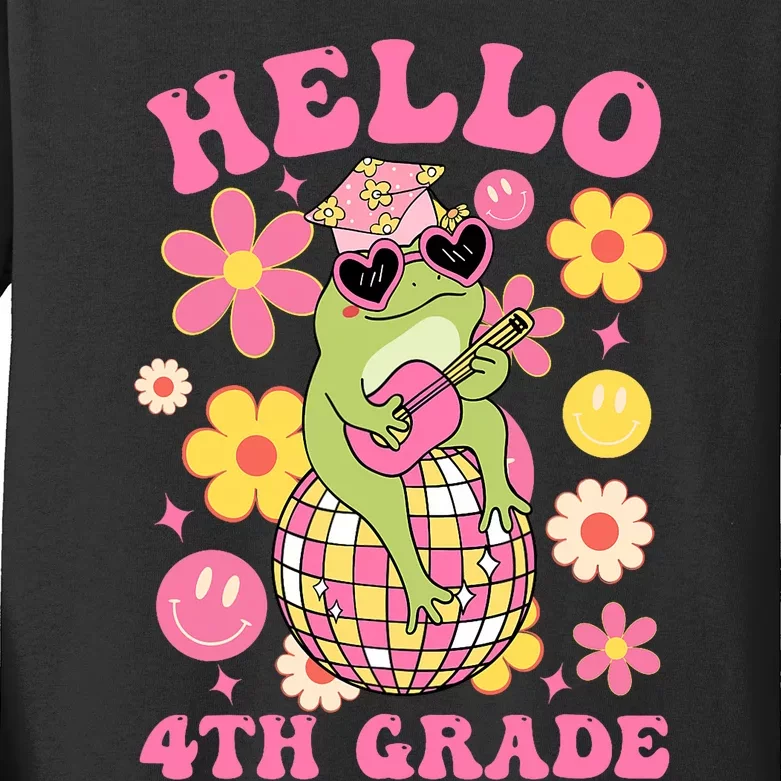 Hello Fourth 4th Grade Back To School Groovy Frog Funny Kids Long Sleeve Shirt