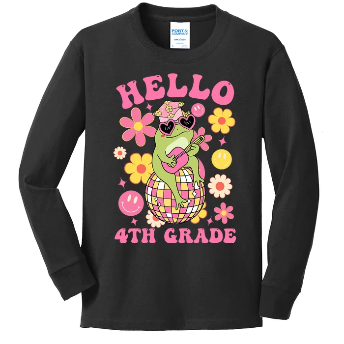 Hello Fourth 4th Grade Back To School Groovy Frog Funny Kids Long Sleeve Shirt