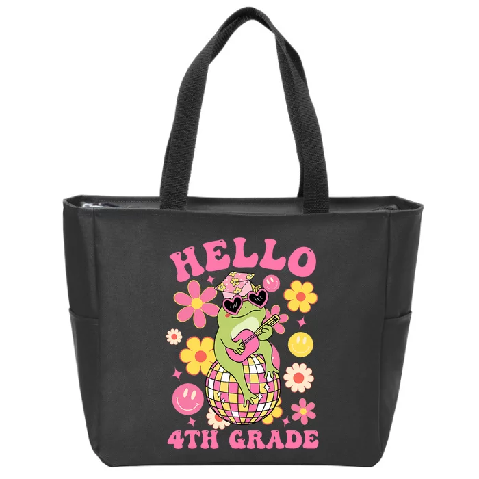 Hello Fourth 4th Grade Back To School Groovy Frog Funny Zip Tote Bag