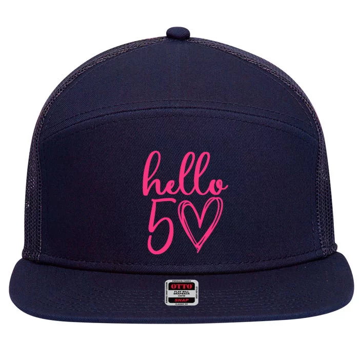 Hello Fifty 50th Birthday Big Pink Heart Gift 7 Panel Mesh Trucker Snapback Hat