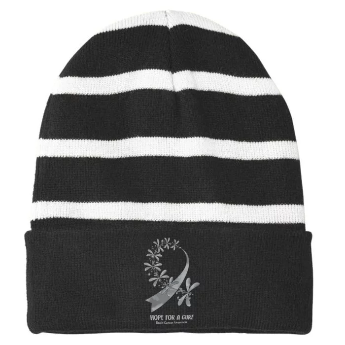 Hope For A Cure Brain Cancer Awareness Cancer Support Gray Ribbon Striped Beanie with Solid Band