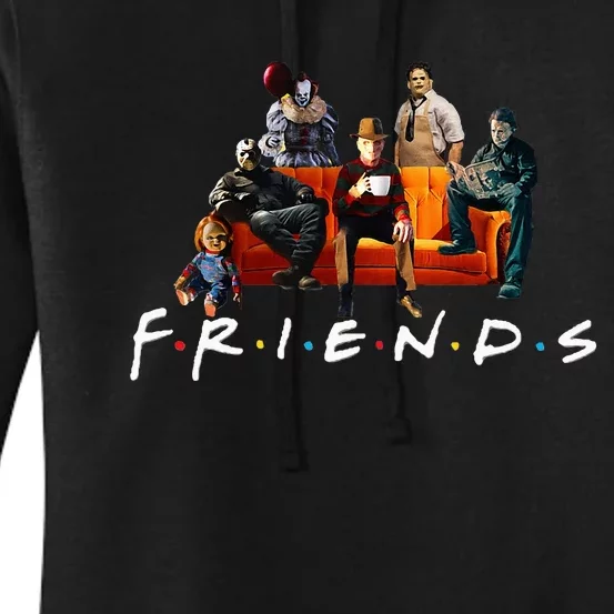 Halloween Friends And Villains Mashup On Spooky Orange Couch Women's Pullover Hoodie