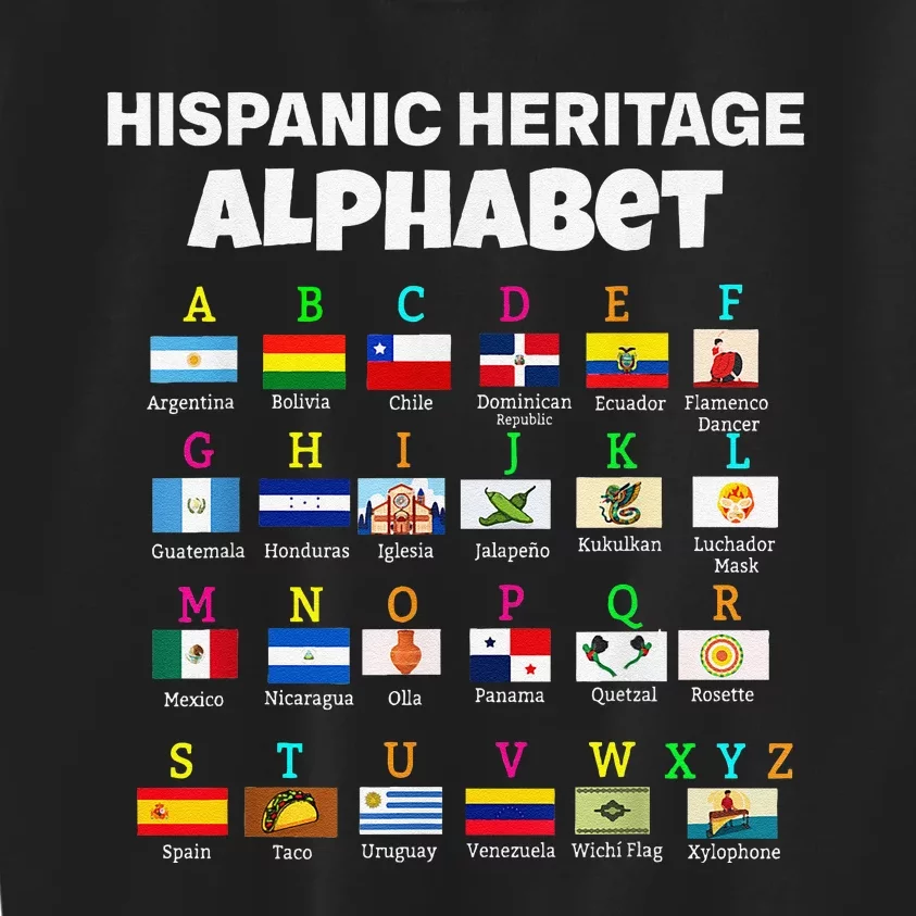 Hispanic Flag Alphabet For Teachers Educational Latin Flags Kids Sweatshirt