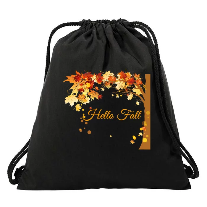 Hello Fall Autumn Halloween Leaves Foliage Drawstring Bag