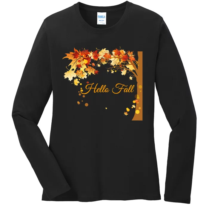 Hello Fall Autumn Halloween Leaves Foliage Ladies Long Sleeve Shirt