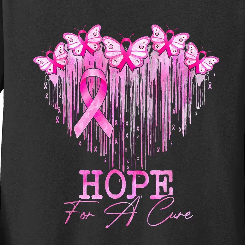 Hope For A Cure Pink Butterfly Breast Cancer Awareness Kids Long Sleeve Shirt