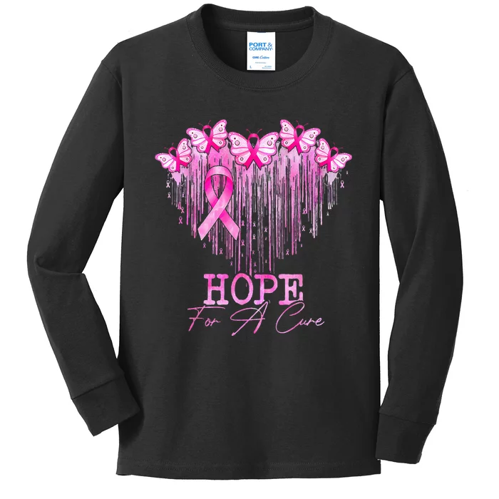 Hope For A Cure Pink Butterfly Breast Cancer Awareness Kids Long Sleeve Shirt