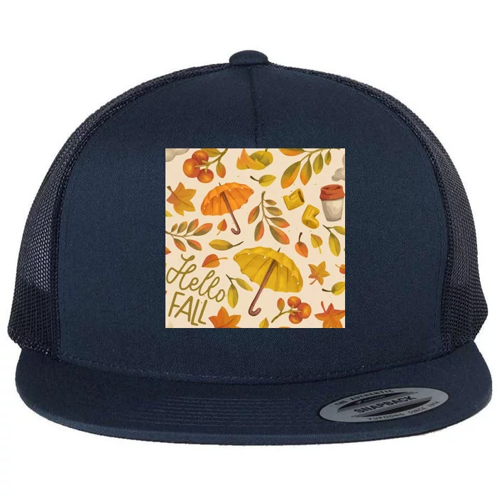 Hello Fall Autumn Season Flat Bill Trucker Hat