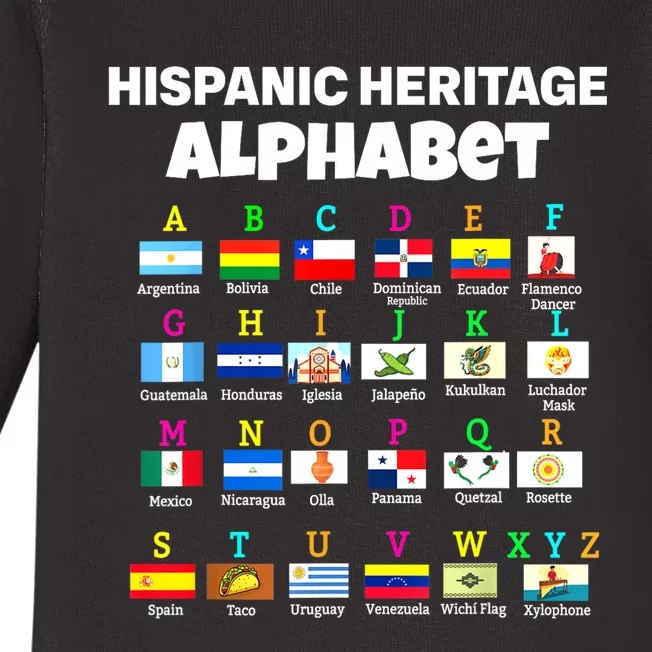 Hispanic Flag Alphabet For Teachers Educational Latin Flags Baby Long Sleeve Bodysuit