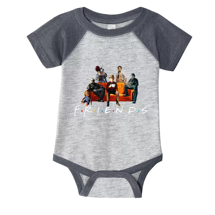 Halloween Friends And Villains Mashup On Spooky Orange Couch Infant Baby Jersey Bodysuit