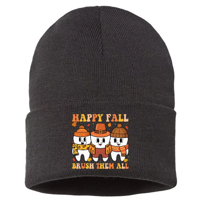 Happy Fall Brush Them All Th Thanksgiving Dental Dentist Sustainable Knit Beanie