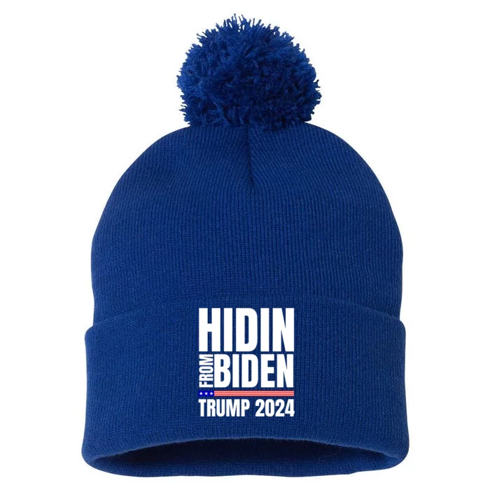 Hidin From Biden Trump 2024 Funny Anti Joe Biden Pom Pom 12in Knit Beanie