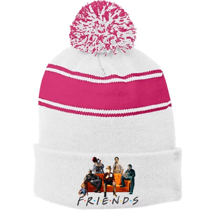 Halloween Friends Crew Gathering On A Spooky Orange Couch Stripe Pom Pom Beanie