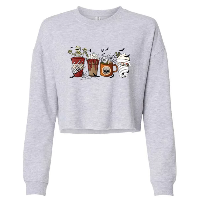 Horror Fall Coffee Latte Pumpkin Spice Iced Halloween Outfit Funny Gift Cropped Pullover Crew