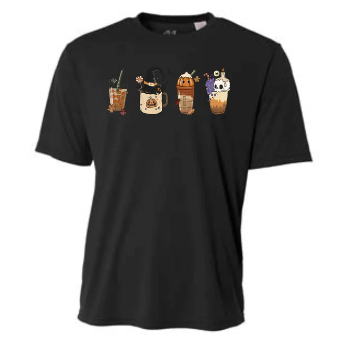 Horror Fall Coffee Pumpkin Spice Latte Iced Autumn Halloween Cool Gift Cooling Performance Crew T-Shirt