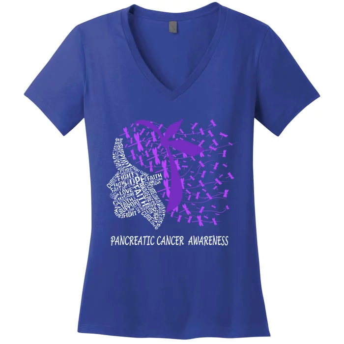 Hope Fight Cure Pancreatic Cancer Dragonfly Face Gift Women's V-Neck T-Shirt