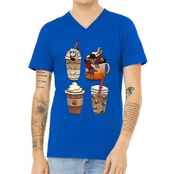 Horror Fall Coffee Pumpkin Spice Latte Iced Autumn Halloween Gift V-Neck T-Shirt